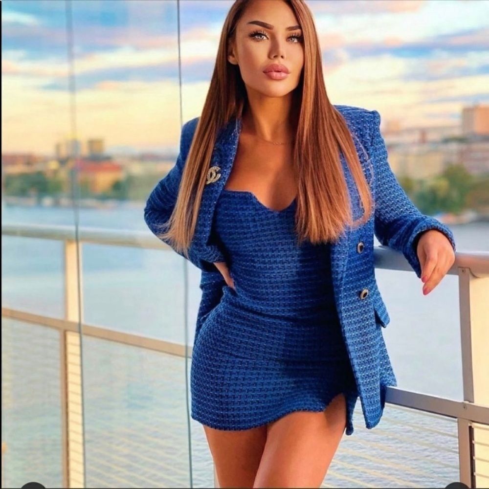 New Zara Textured Tweet Blue Strap Mini Dress